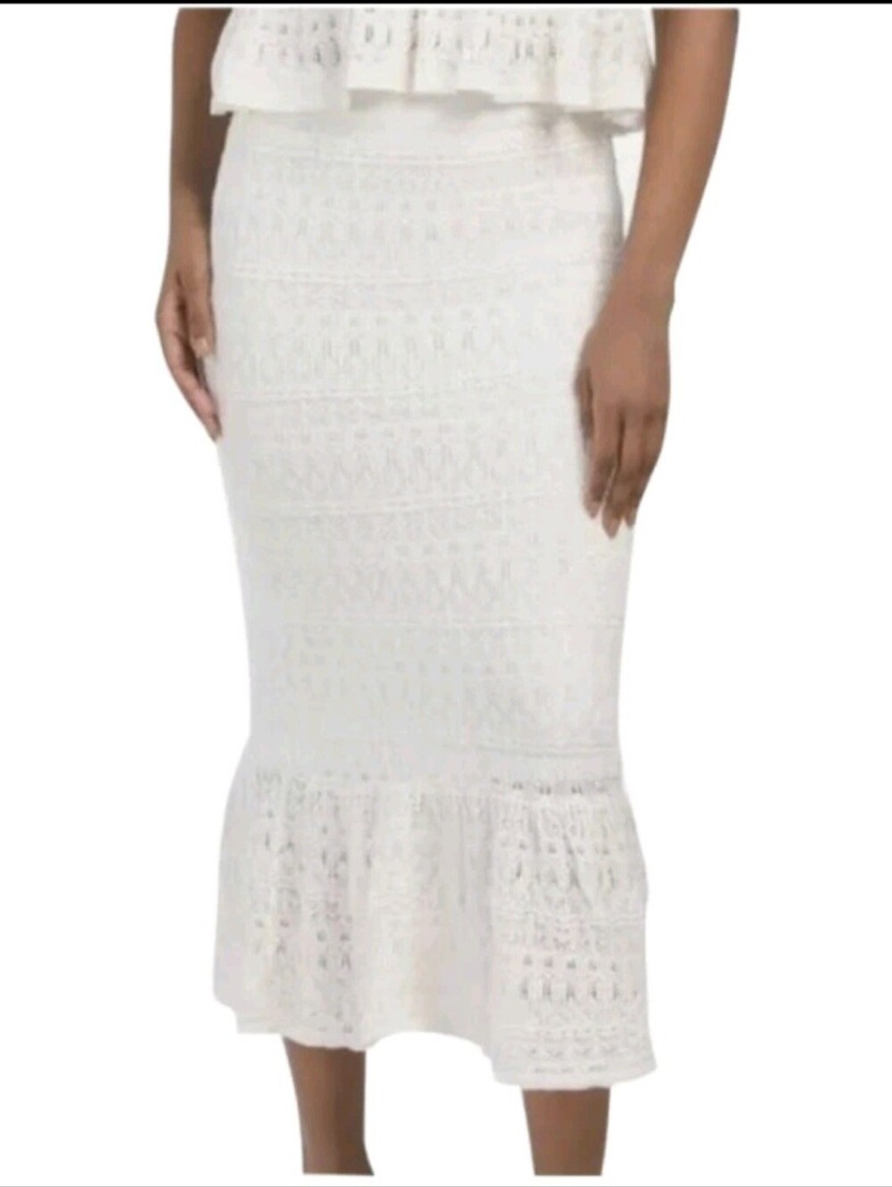 House Of Harlow 1960 Ivory Crochet Knit Lined Pencil Skirt With Ruffle Hem S